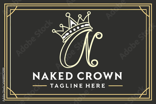 Stylized golden letter N with crown logo on dark background with ornate border royal regal