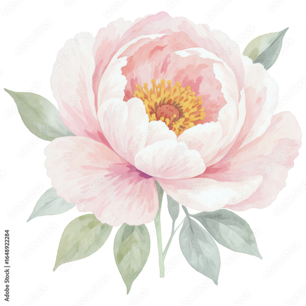 Obraz premium Pink Peony in Watercolor: A delicate pink peony blossom, rendered in exquisite watercolor detail, exudes elegance and grace, showcasing its lush petals and gentle leaves.