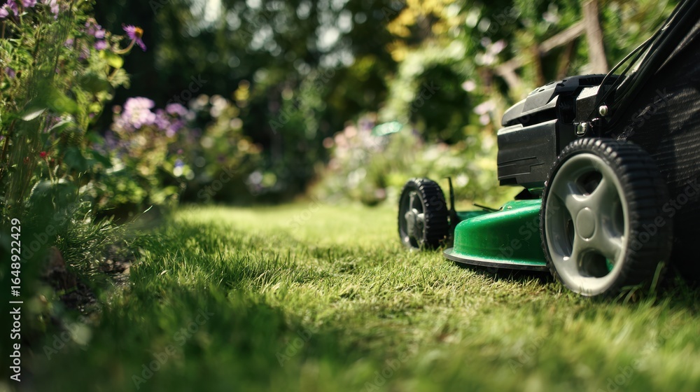 The vibrant green lawn is being meticulously mowed with a modern lawnmower, creating a neat and tidy appearance. The vibrant green lawn is being meticulously mowed with a modern lawnmower, creating a neat and tidy appearance.