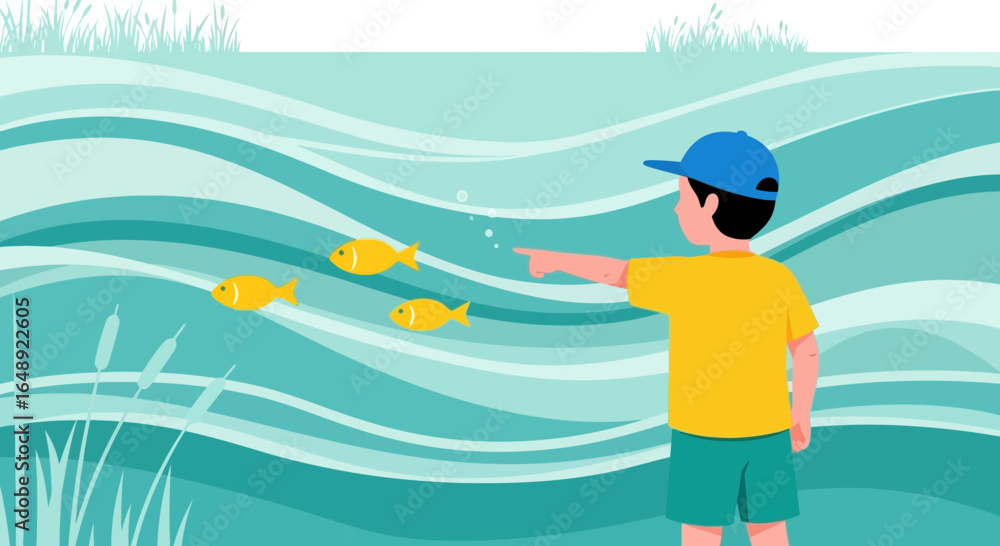 Boy Points Out Fish Swimming In Calm Waters On A Sunny Day Boy Points Out Fish Swimming In Calm Waters On A Sunny Day