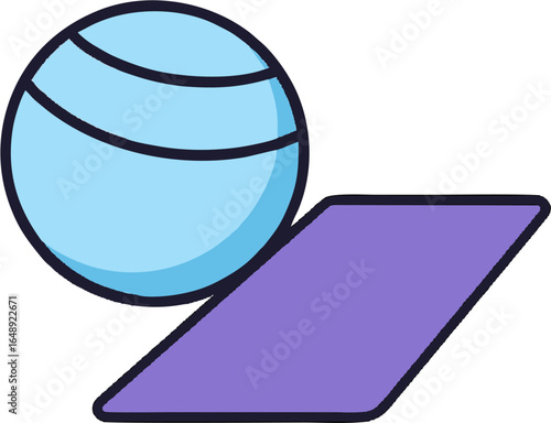 Simple vector illustration of a blue yoga ball and purple exercise mat, perfect for fitness,