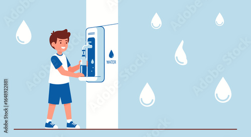 Boy Refilling Glass From Water Dispenser With Water Droplets Around Him
