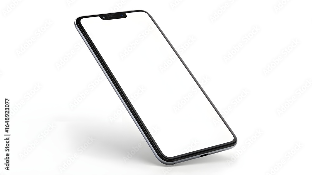 Mockup Modern smartphone with a blank white screen, angled slightly on a white background.