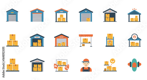 Warehouse and logistics icons featuring delivery, storage, and packaging elements in flat design