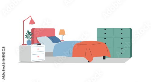Cozy minimalist bedroom design with colorful bedding and modern furniture