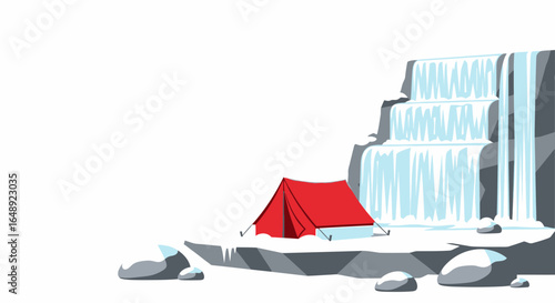 Camping Adventure Near Waterfall With Snowy Mountain Scenery Cartoon Illustration