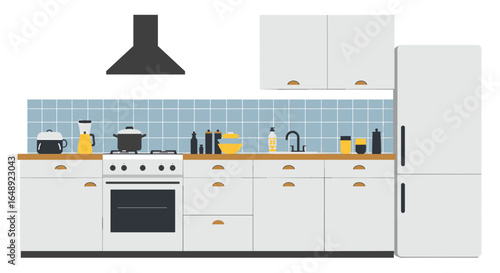 Modern kitchen with appliances and blue tiled backsplash in minimalist flat design