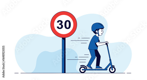 Boy Rides Electric Scooter By The Road Sign With Speed Limit Vector Design