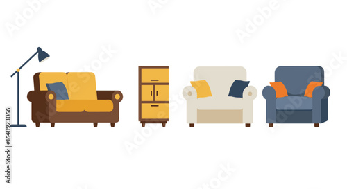 Colorful living room furniture set with sofa, armchair, lamp, and cabinet