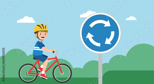 Boy Riding Bicycle Near Roundabout Sign In Park On Sunny Day Illustration