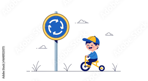 Boy Riding Bike Near Roundabout Sign Artistic Flat Vector Illustration