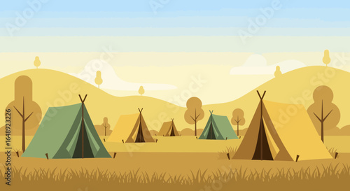 Camping Adventure Scene with Tents and Hills in a Vector Style