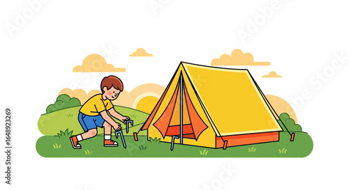 Boy Sets Up Tent in Nature on Sunny Day for Outdoor Adventure