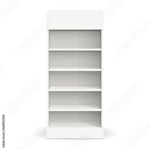 White empty store shelf rack mockup front. Product shelves counter design. Supermarket product advertising blank.
