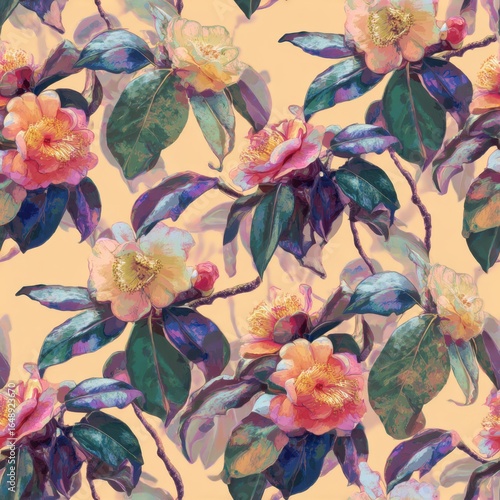 Vibrant Botanical Pattern with Colorful Blooming Camellias and Leaves.