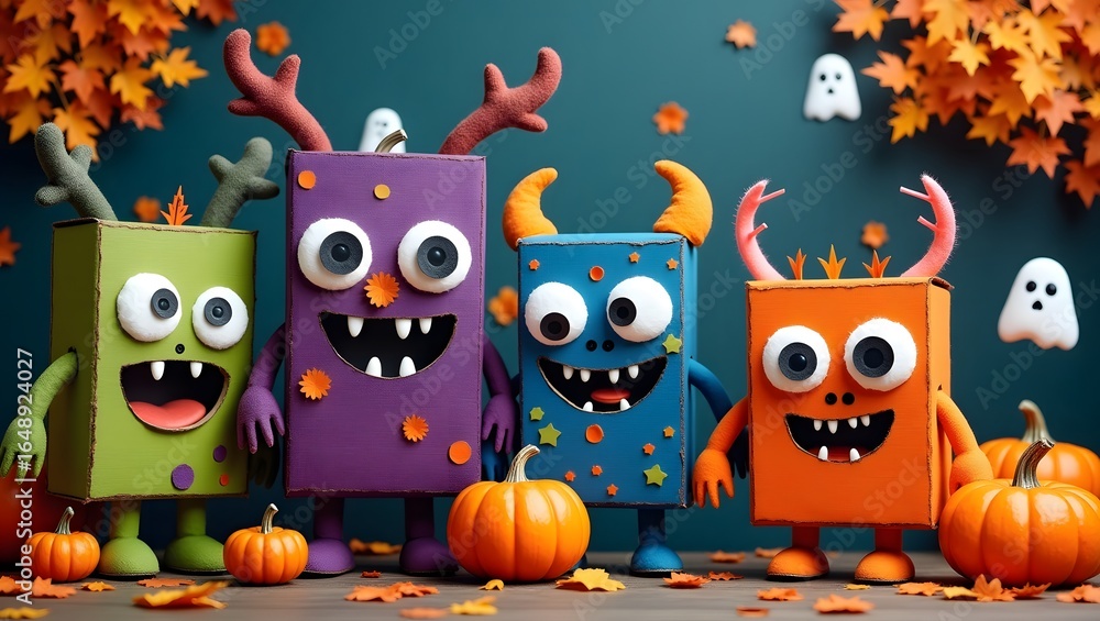 Obraz premium Cute, eco-friendly square monsters made from recycled materials, surrounded by autumn leaves and pumpkins. The bright colors and playful expressions create a fun, spooky Halloween vibe.