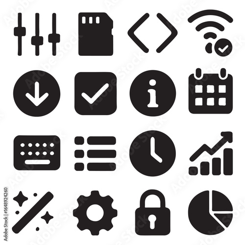 Web and mobile UI icon set. Collection of 16 black glyph symbols for user interface design isolated on white.
