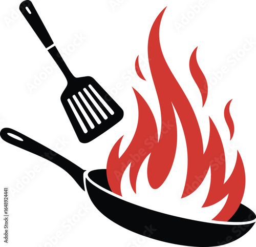 A stylized illustration of a frying pan with flames engulfing it and a spatula.