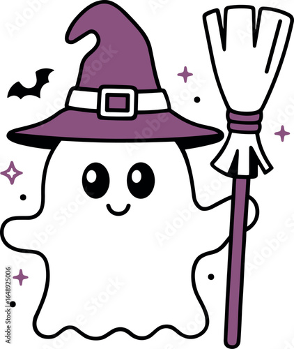 Sheet ghost wearing witch hat and broomstick ghoul outline doodle drawing for witchy Halloween party. Cute spooky magical preppy girly groovy witchcraft magic witches theme purple aesthetic clipart.