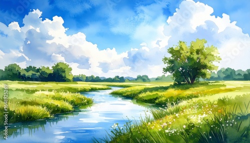 A serene summer landscape with a green forest reflecting on the tranquil water of a river or lake under a blue sky with white clouds