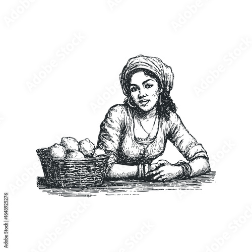 Hand-drawn sketch of an Indian woman with a headscarf and basket of fruit