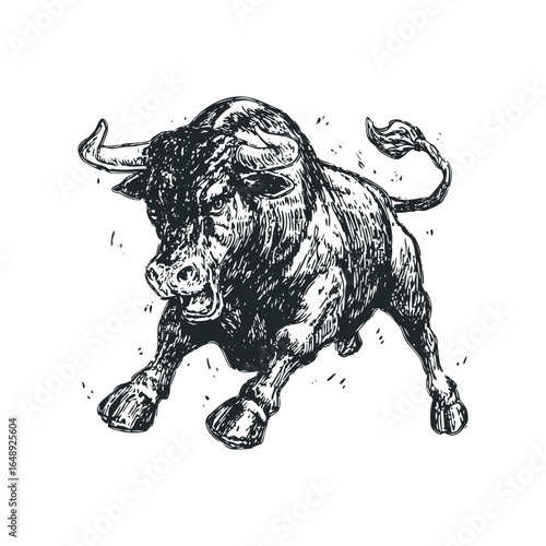 Fierce Charging Bull with Powerful Horns in Graphic Black and White