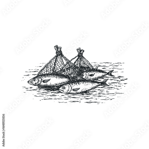 Freshly caught fish in net with choppy water surface
