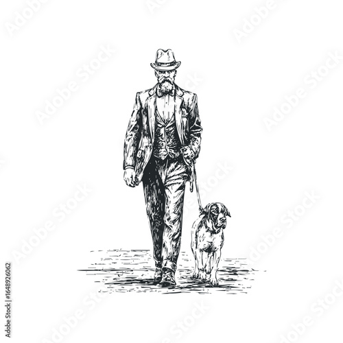 Gentleman with Mustache Walks Dog on Leash in Vintage Suit and Hat