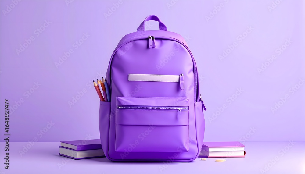 Fototapeta premium Mochila morada con lápices y libros sobre fondo monocromático