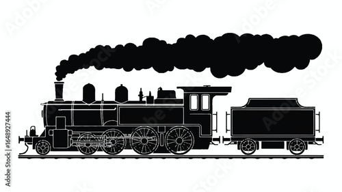 Vintage Steam Train Illustration with Coal Smoke and Intricate Details Evoking Nostalgia for Railroad Travel and Transportation History