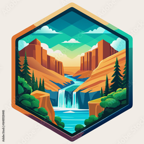 An emblem illustration vector of a canyon landscape featuring a flowing river and cascading waterfalls, surrounded by pine trees and rugged cliffs under a bright, geometric sky.
