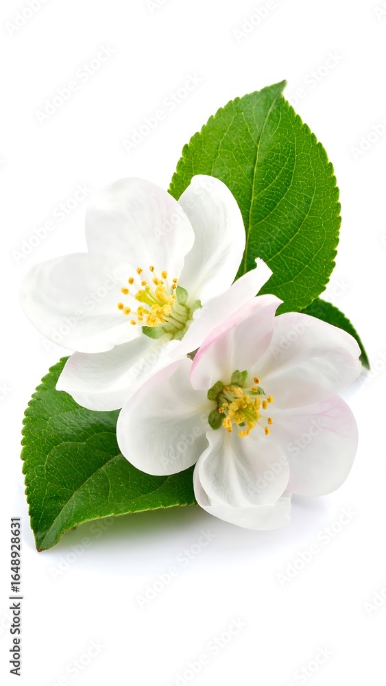 Obraz premium Close-up of two apple blossoms with leaves
