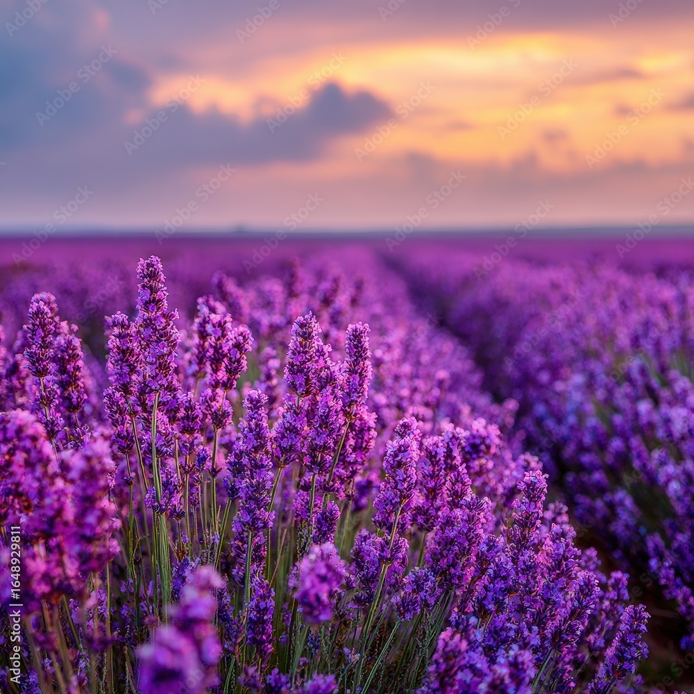 Obraz premium Lavender field sunset landscape, idyllic rural scene, calming nature background, for relaxation themes