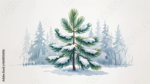 Watercolor Winter Landscape with Snowy Pine Tree in the Foreground and Forest Background Creating a Serene and Tranquil Christmas or Holiday Scene