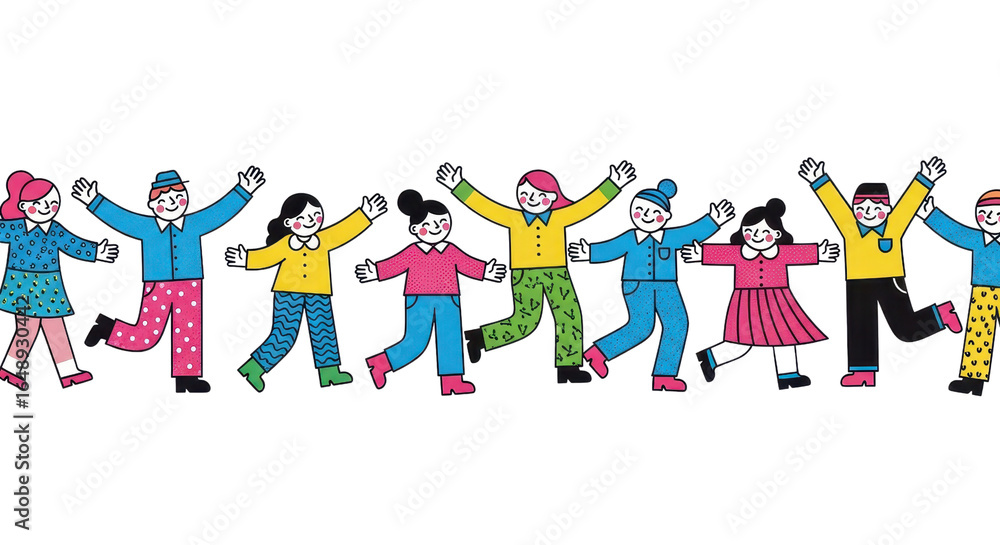 Joyful diverse group celebrating togetherness with vibrant colors and playful style Joyful diverse group celebrating togetherness with vibrant colors and playful style