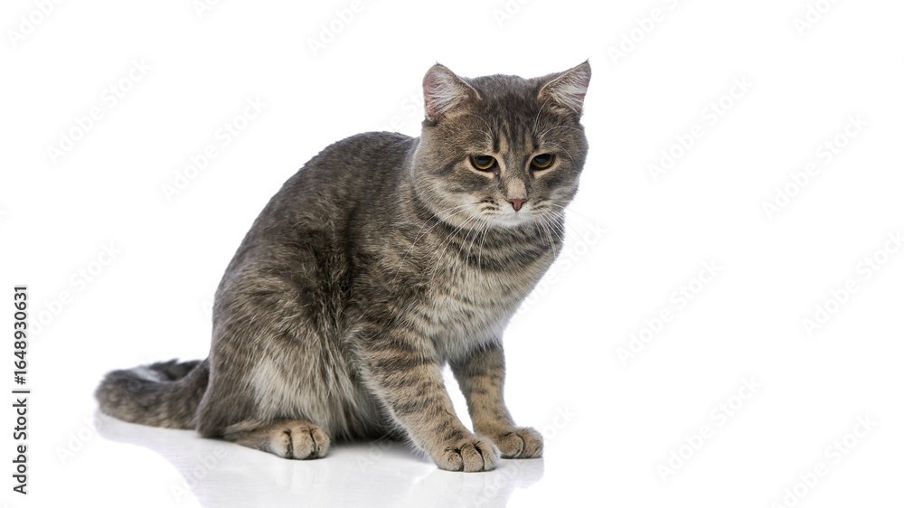 Fototapeta premium Gray tabby cat sitting calmly on white background. Concept of pet relaxation, domestic animal tranquility, calm temperament, gentle companionship, and peaceful indoor animal behavior.