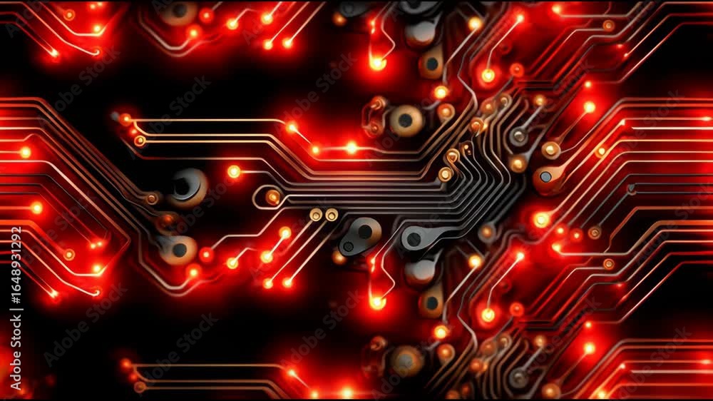 Una representación colorida de circuitos electrónicos brillantes muestra conexiones y componentes en un fondo oscuro. La imagen evoca un sentido de innovación y tecnología avanzada.