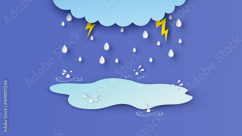 Illustration of rainy season with rain drop that are around beautiful pond. rainy season. paper cut and craft style. vector, illustration.