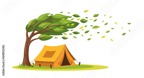 Camping Adventure Under Windy Conditions Illustrated With a Tent Beside a Tree