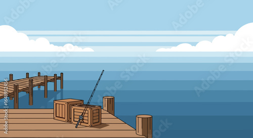 Cartoon illustration of a tranquil scene featuring fishing equipment on a dock with a calm ocean view and cloudscape