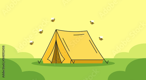 Cartoon illustration of a yellow tent surrounded by bees in a green field