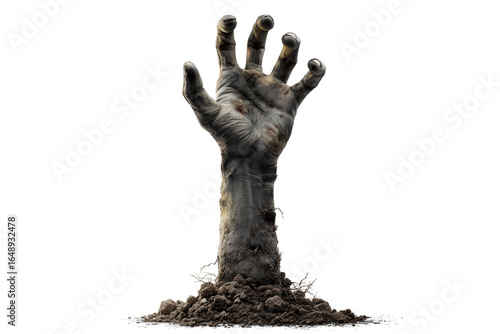 A Halloween zombie hand coming out of the ground, isolated on a transparent background.