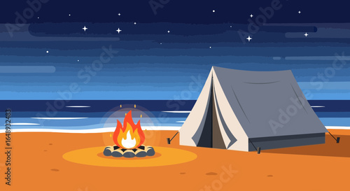 Cartoon illustration of beach camping with a tent and bonfire under starry night serene atmosphere beach adventure vector illustration