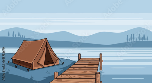 Camping Adventures Beside Serene Lake With A Tent And Wooden Pier Vector