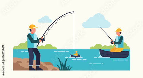 Cartoon illustration of men fishing in a lake enjoying a relaxing day out in nature