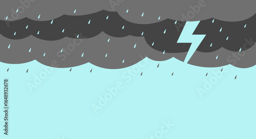 Cartoon illustration of stormy weather with dark clouds, lightning and rain in a simple and minimalist style background