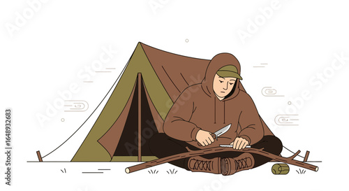 Camping Adventures Man Carving Wood Near Tent In Nature Minimal Style