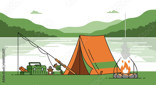 Camping and fishing by the lake vector illustration for outdoor activities and recreation themed designs