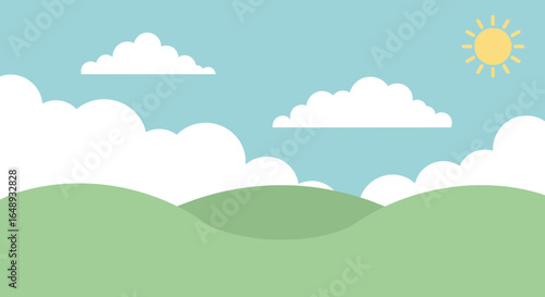 Cartoon Landscape With Rolling Hills, Clouds, And A Shining Sun