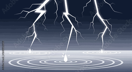 Cartoon Lightning Storm Strikes Water Creating Ripples, Nature Illustration